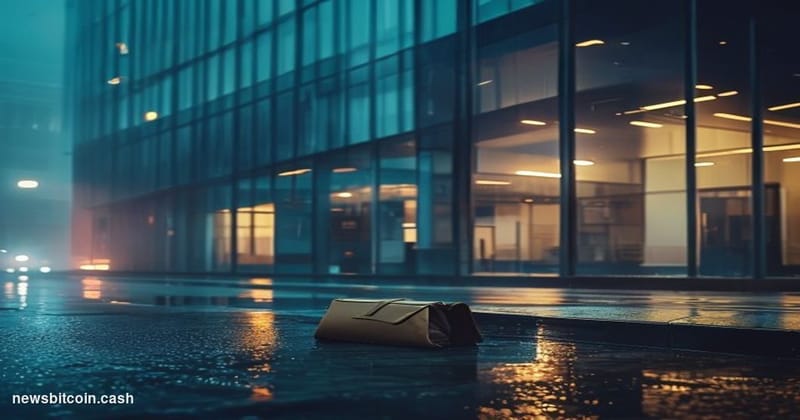 Cinematic photorealistic editorial photograph of a stark, glass-fronted cryptocurrency exchange office building at night, wit