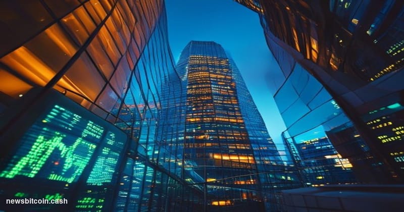 Cinematic photorealistic editorial photograph of a sleek glass-and-steel financial tower in Tokyo's Shinjuku district at dusk