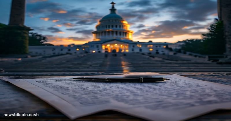 Cinematic photorealistic editorial photograph of the United States Capitol building in Washington D.C. at dusk, shot from a l