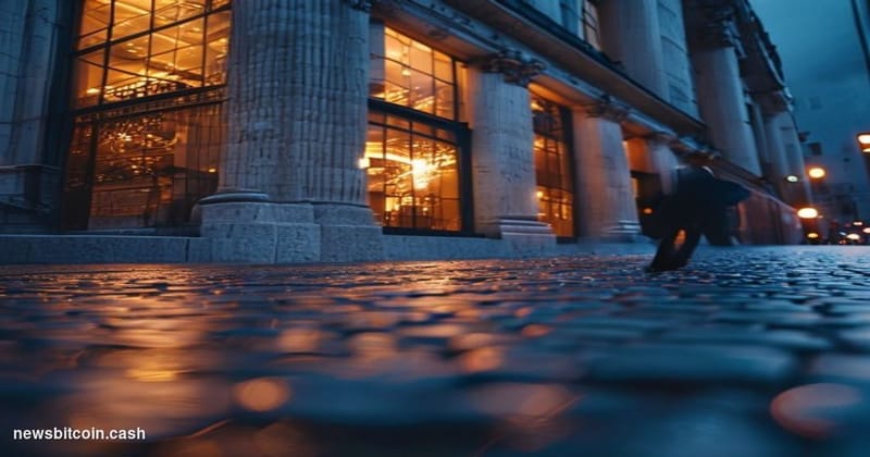Cinematic photorealistic editorial photograph of a classic German Sparkasse savings bank branch facade on a cobblestone stree