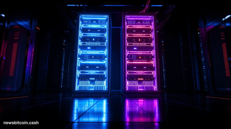 A cinematic photorealistic editorial photograph depicting two towering server racks bathed in contrasting electric-blue and w
