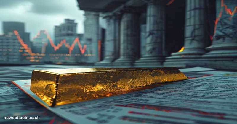 Cinematic photorealistic editorial photograph of a physical gold bar resting on a downward-sloping trading desk, surrounded b