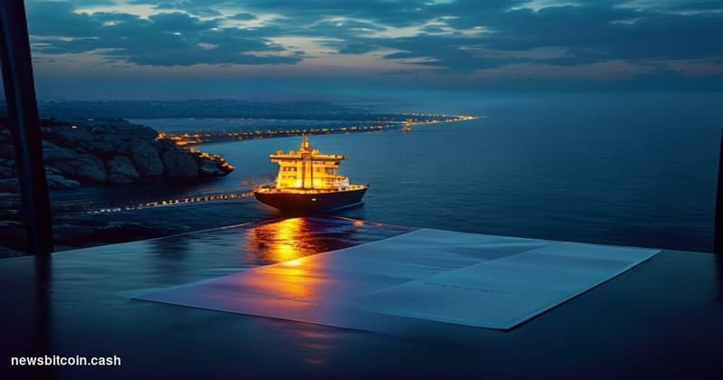 Cinematic photorealistic editorial photograph of the Strait of Hormuz viewed from a dramatic low aerial angle at dusk, with a