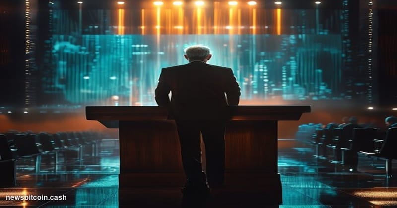 Cinematic photorealistic editorial photograph of a suited senior executive — silhouetted figure seen from behind — standing a