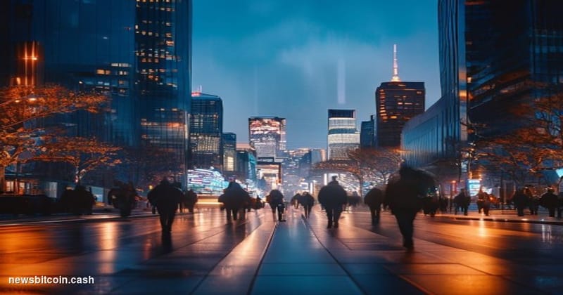 Cinematic photorealistic editorial photograph of a Tokyo financial district street scene at dusk, with the iconic skyline of 