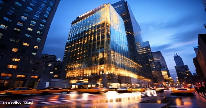 Cinematic photorealistic editorial photograph of the Goldman Sachs headquarters tower at 200 West Street in Lower Manhattan, 
