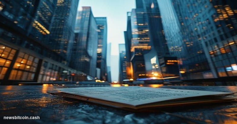 Cinematic photorealistic editorial photograph of a Wall Street financial district scene at dusk, shot from a low angle lookin