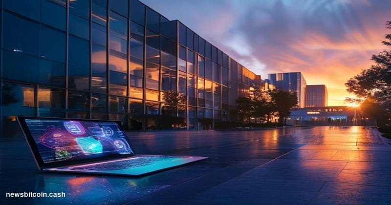 A cinematic photorealistic editorial photograph of Google's main campus in Mountain View, California — the Googleplex — shot 