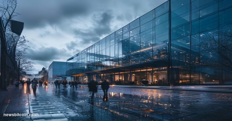 Cinematic photorealistic editorial photograph of the Google European headquarters in Dublin, Ireland — a sleek modern campus 