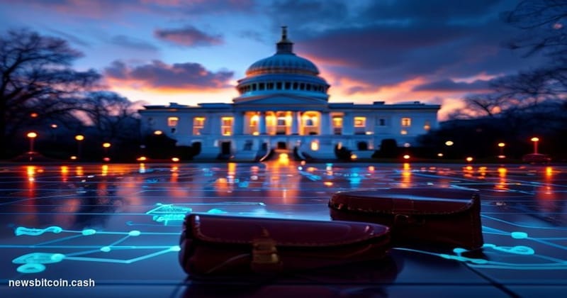 Cinematic photorealistic editorial photograph of the United States Senate building in Washington D.C. at dusk, shot from a lo