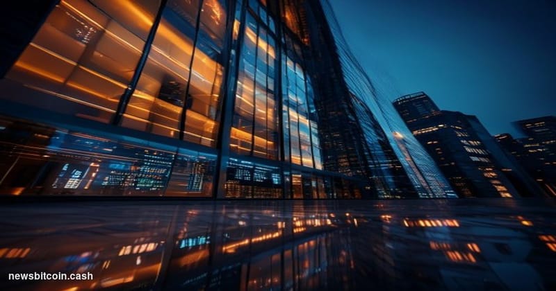 Cinematic photorealistic editorial photograph of a sleek, modern financial district office tower at dusk, shot from a low ang
