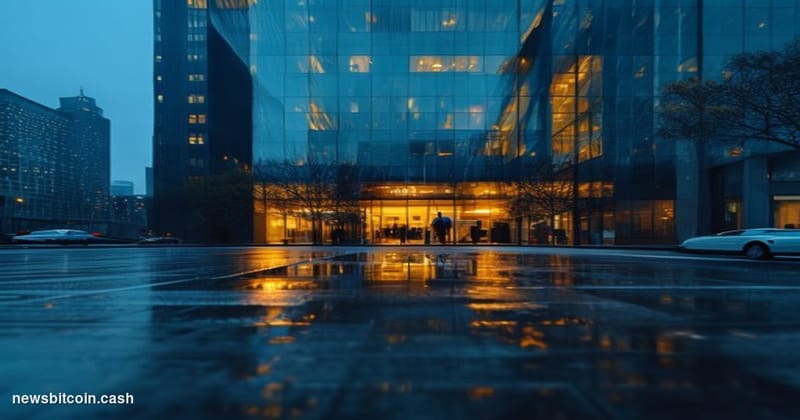 A cinematic photorealistic editorial photograph of Grayscale Investments' New York City office exterior at dusk, with warm am
