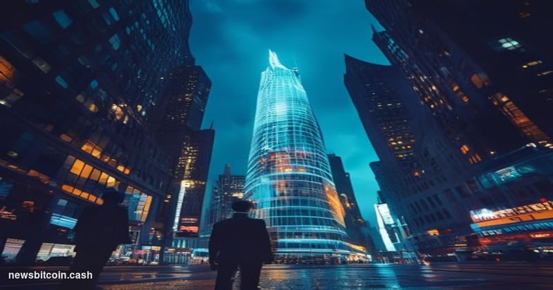 Cinematic photorealistic editorial photograph of the Nasdaq MarketSite building in Times Square, New York City, shot at dusk 