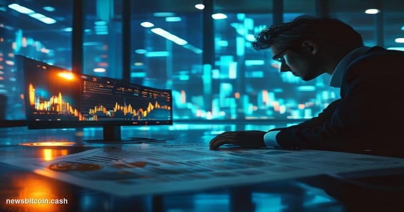 Cinematic photorealistic editorial photograph of a dramatic financial data visualization environment: a sleek trading floor o