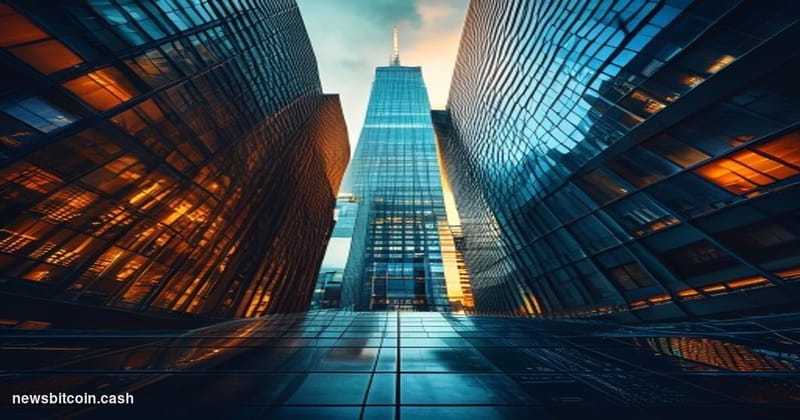 Cinematic photorealistic editorial photograph of a glass-and-steel financial district corridor, shot from a low angle looking