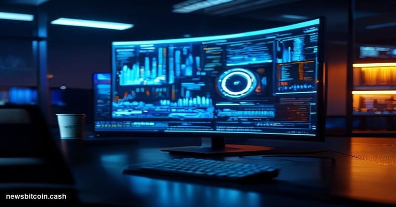 Cinematic photorealistic editorial photograph of a sleek, dimly lit AI research operations center at night, dominated by a la