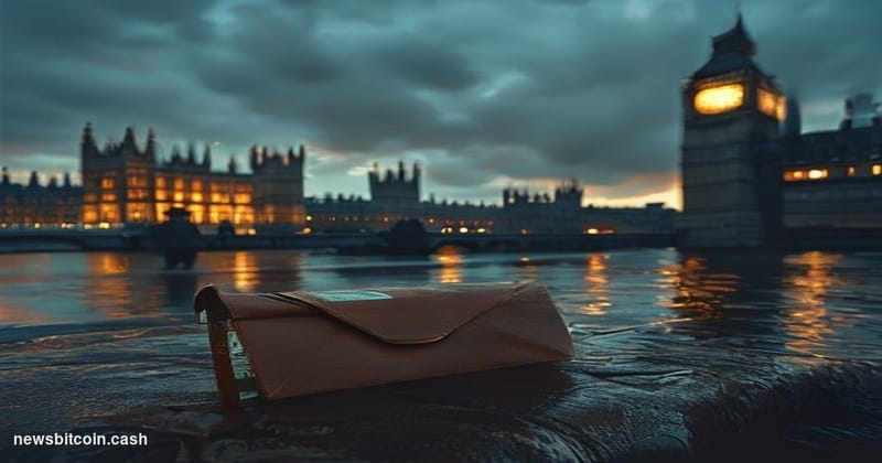 Cinematic photorealistic editorial photograph shot at dusk outside the UK Houses of Parliament in Westminster, London, with B
