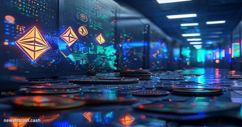 Cinematic photorealistic editorial photograph of a dimly lit server room environment with Ethereum blockchain network visuali