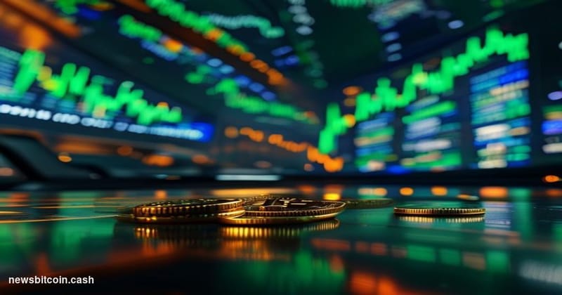 Cinematic photorealistic editorial photograph of a dramatic trading floor environment with glowing green price ticker screens