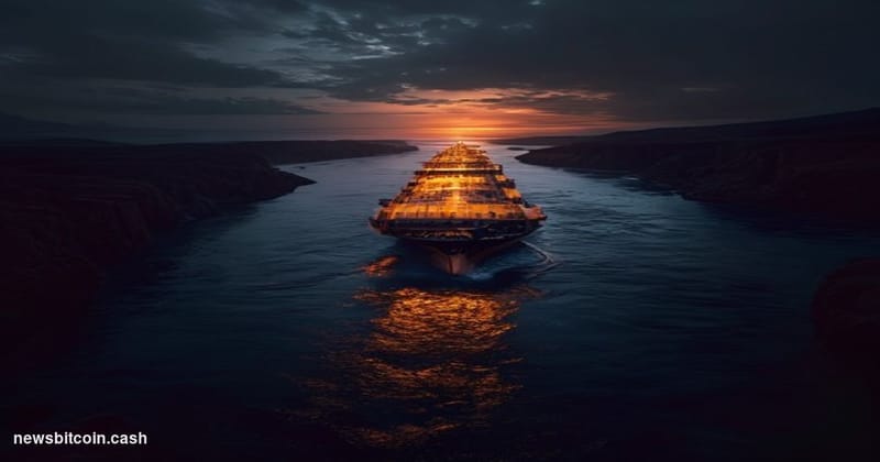 Cinematic photorealistic editorial photograph of a massive oil tanker navigating through a narrow, strategically critical str