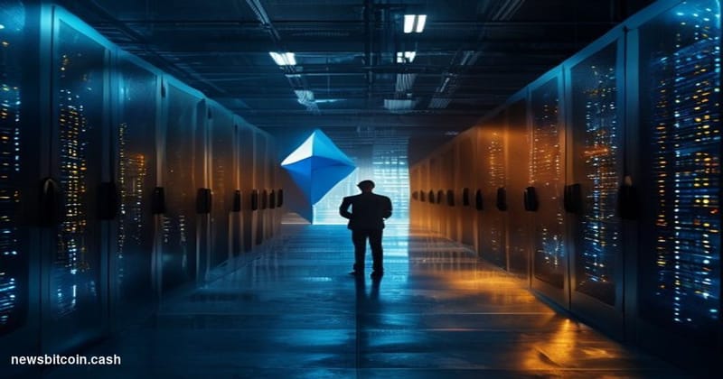 A cinematic photorealistic editorial photograph depicting two massive server infrastructure installations side by side in a d