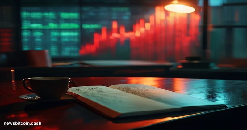 Cinematic photorealistic editorial photograph of a large digital trading screen mounted in a dimly lit financial operations r