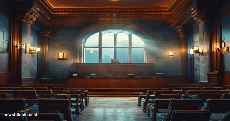 Cinematic photorealistic editorial photograph of a grand New York City federal hearing room or government building interior, 
