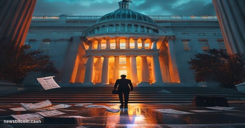 Cinematic photorealistic editorial photograph of the United States Capitol building at dusk, shot from a low angle with drama