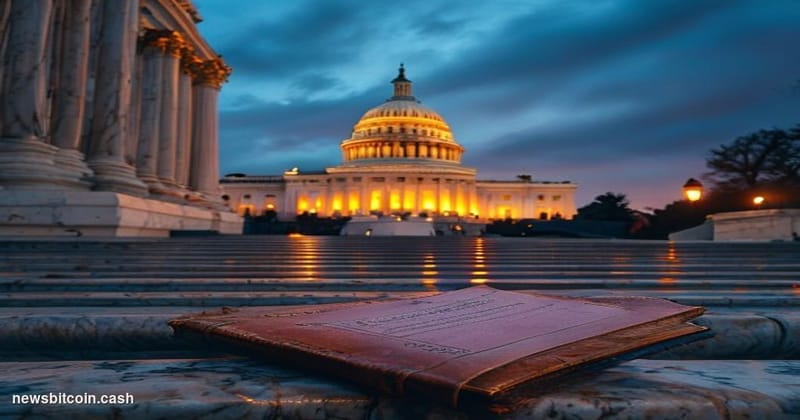 Cinematic photorealistic editorial photograph of the United States Capitol building at dusk, viewed from a low angle along th
