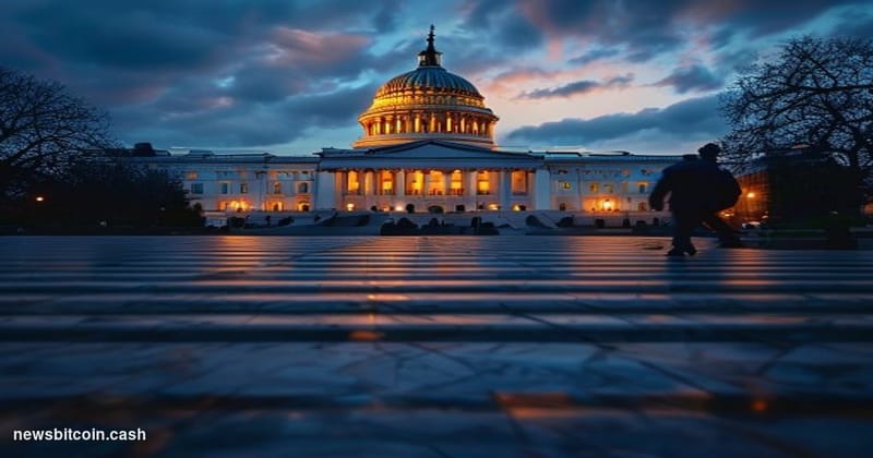 A cinematic photorealistic editorial photograph of the United States Capitol building in Washington D.C., shot from a low ang