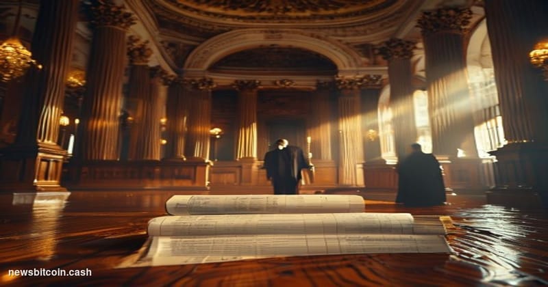 Cinematic photorealistic editorial photograph set inside a grand federal courthouse interior — marble columns, wood-paneled w