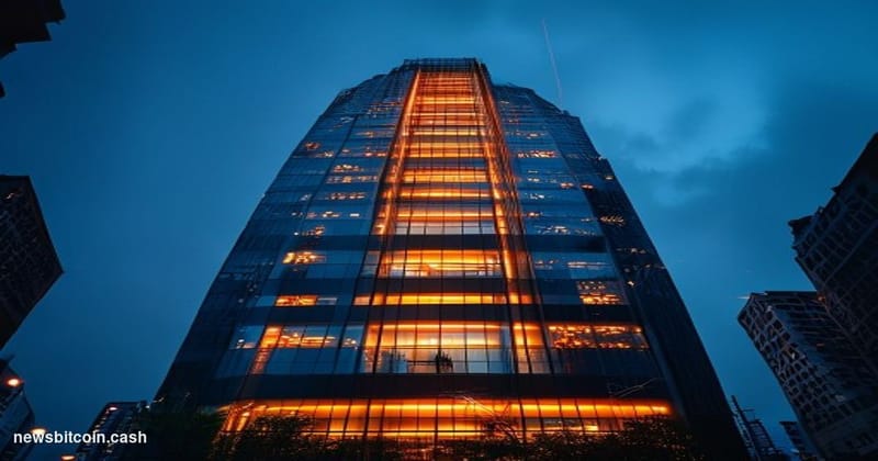 Cinematic photorealistic editorial photograph of HSBC's iconic Hong Kong headquarters tower on Queensway, shot from street le