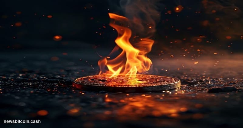 Cinematic photorealistic editorial photograph of a dramatic close-up of a physical token or coin mid-incineration, rendered w