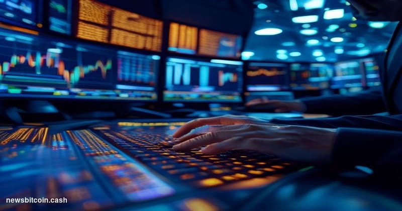 Cinematic photorealistic editorial photograph of a sleek, high-tech trading floor environment bathed in deep blue and amber l