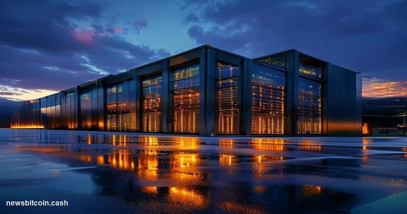 Cinematic photorealistic editorial photograph of a large-scale data center facility under dramatic dusk lighting, with rows o