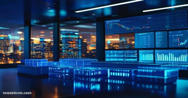 Cinematic photorealistic editorial photograph of a sleek digital trading operations center, bathed in deep navy and electric 
