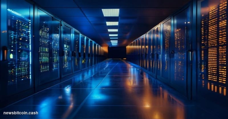 Cinematic photorealistic editorial photograph of a sleek corporate data center corridor at night, with rows of illuminated se