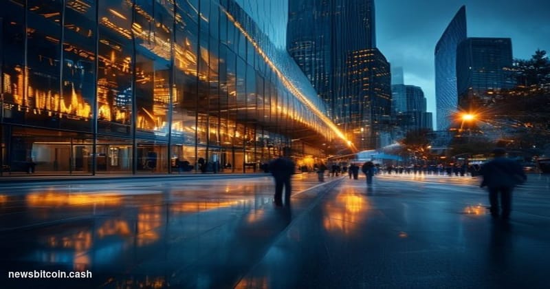 Cinematic photorealistic editorial photograph of the Intercontinental Exchange headquarters in Atlanta, Georgia, shot from a 