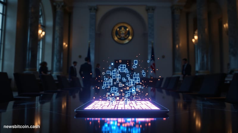 A cinematic photorealistic editorial photograph shot inside a grand institutional finance chamber — marble columns and dark m