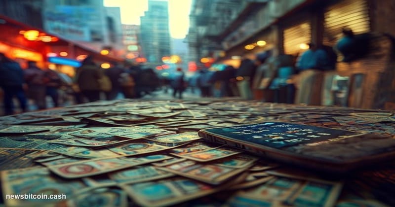 Cinematic photorealistic editorial photograph of a tense currency exchange scene in an emerging market city — foreground show