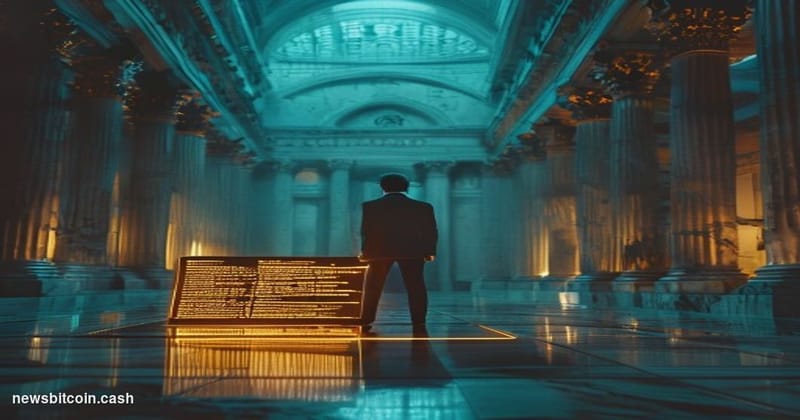A cinematic photorealistic editorial photograph shot from a low angle inside a marble-floored central bank chamber, its class