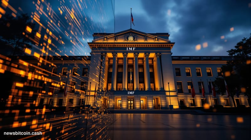 Cinematic photorealistic editorial photograph of the IMF headquarters building in Washington D.C., shot from a low angle at d