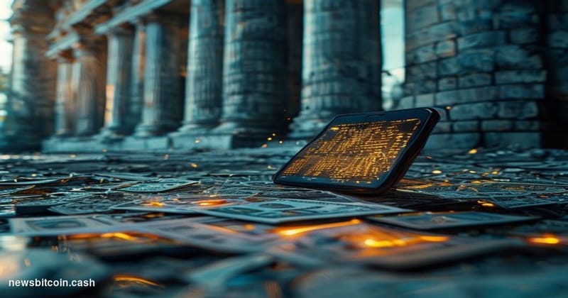 Cinematic photorealistic editorial photograph of a crumbling stone wall with currency symbols and fragmented exchange rate fi