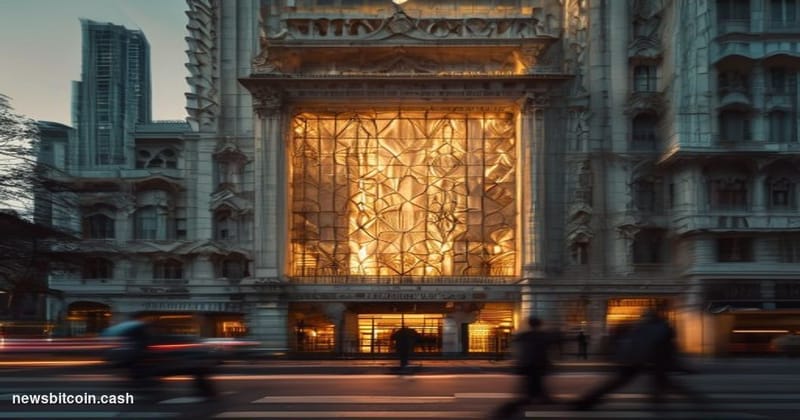 Cinematic photorealistic editorial photograph of the Bombay Stock Exchange building facade in Mumbai, India, shot from a low 