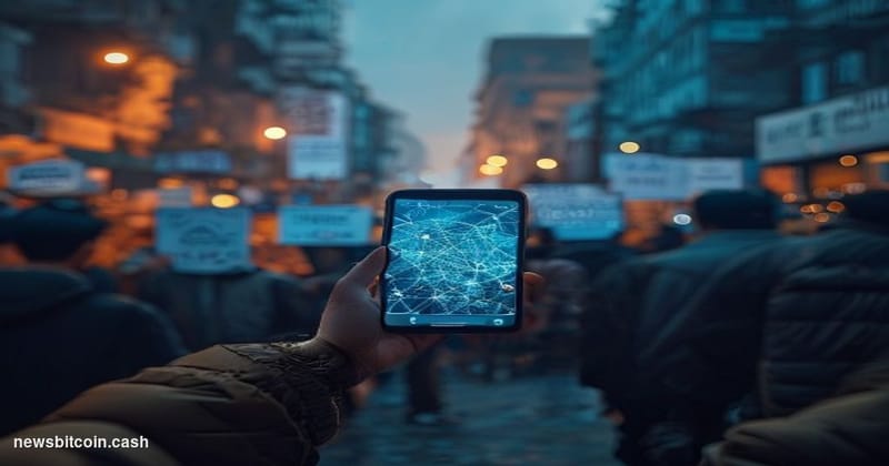 Cinematic photorealistic editorial photograph of a crowded Indian urban street at dusk, with protest demonstrators visible in