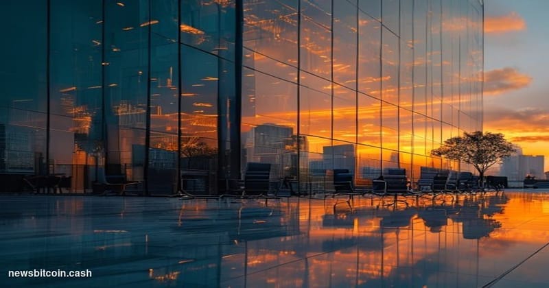 Cinematic photorealistic editorial photograph of a large modern banking headquarters in Mumbai's financial district, shot fro
