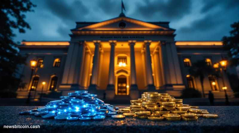 A cinematic photorealistic editorial photograph of the Reserve Bank of India's iconic Mumbai headquarters — the grand colonia