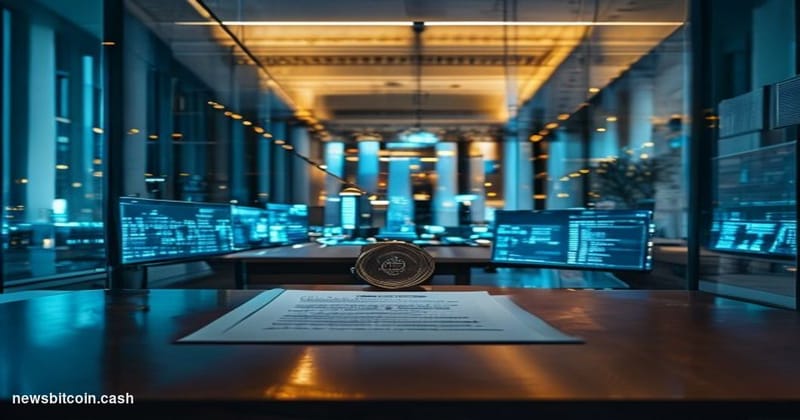 Cinematic photorealistic editorial photograph of a sleek financial technology operations center viewed through floor-to-ceili