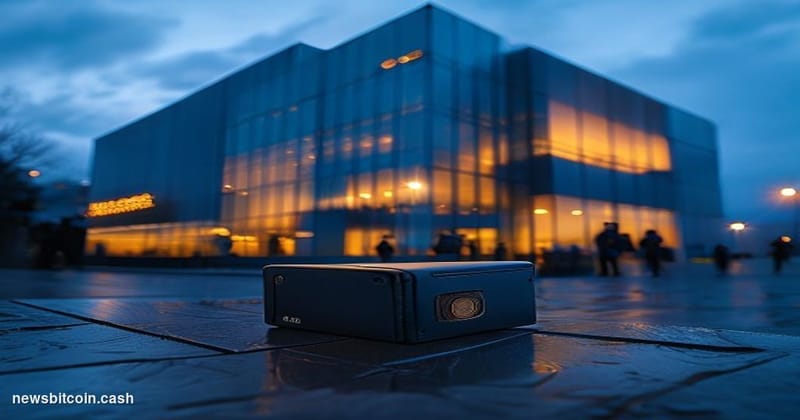 Cinematic photorealistic editorial photograph shot from a low angle looking up at Interpol's Lyon headquarters façade at dusk