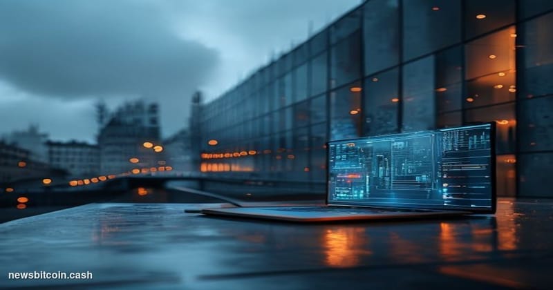 Cinematic photorealistic editorial photograph of an Interpol headquarters building in Lyon, France — the glass and concrete f